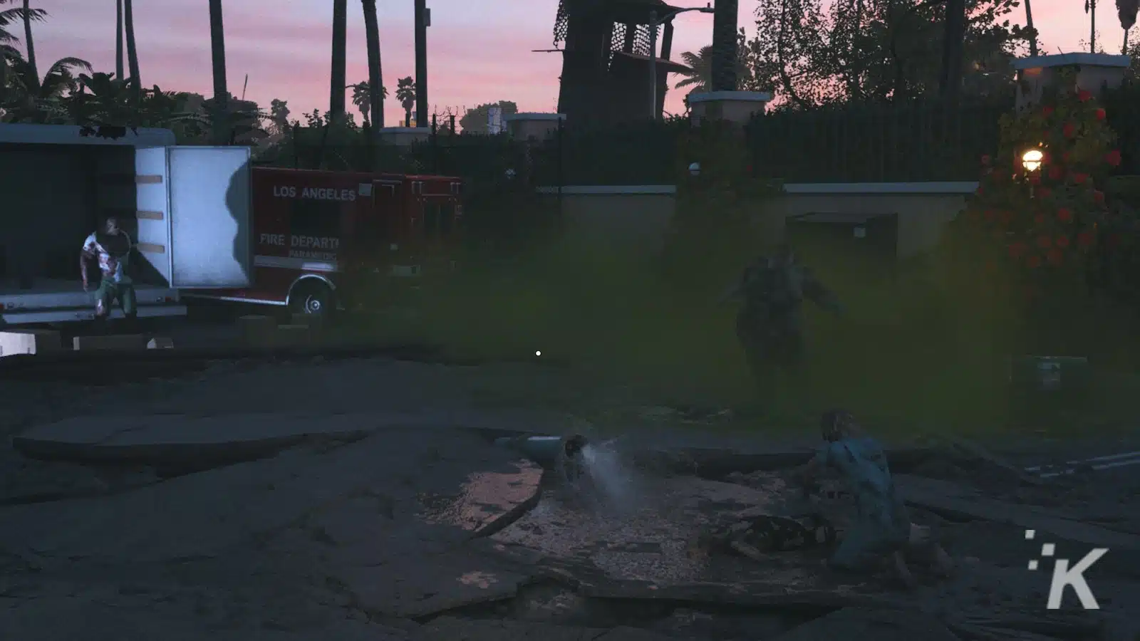 Feuerwehrleute inmitten einer Katastrophenszene in der Abenddämmerung mit Zombies.