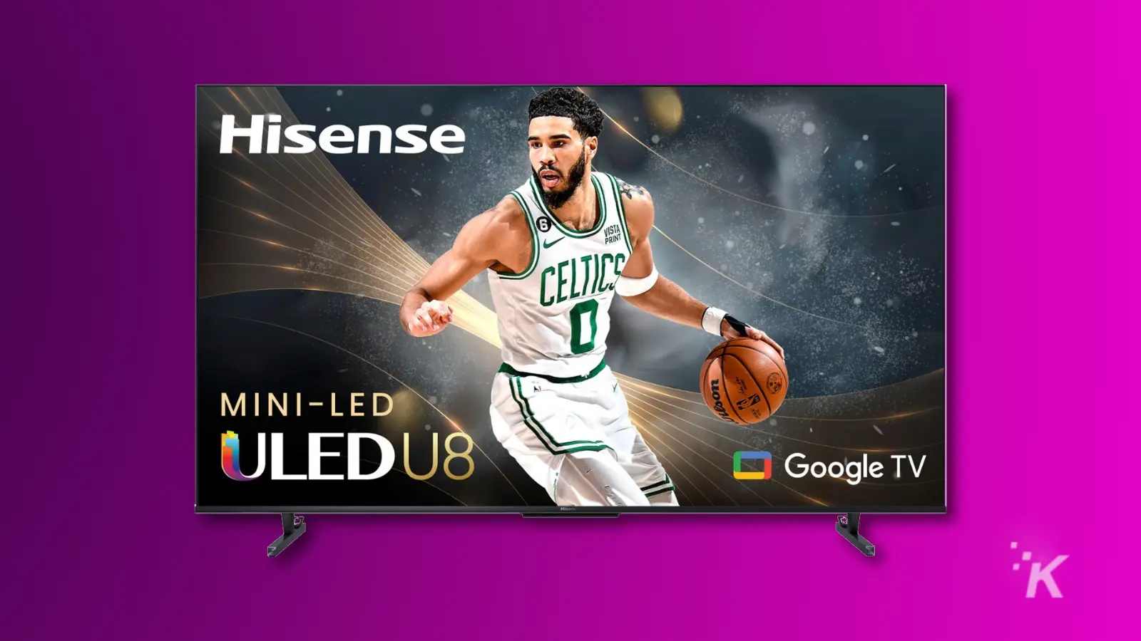 TV Hisense dengan latar belakang ungu