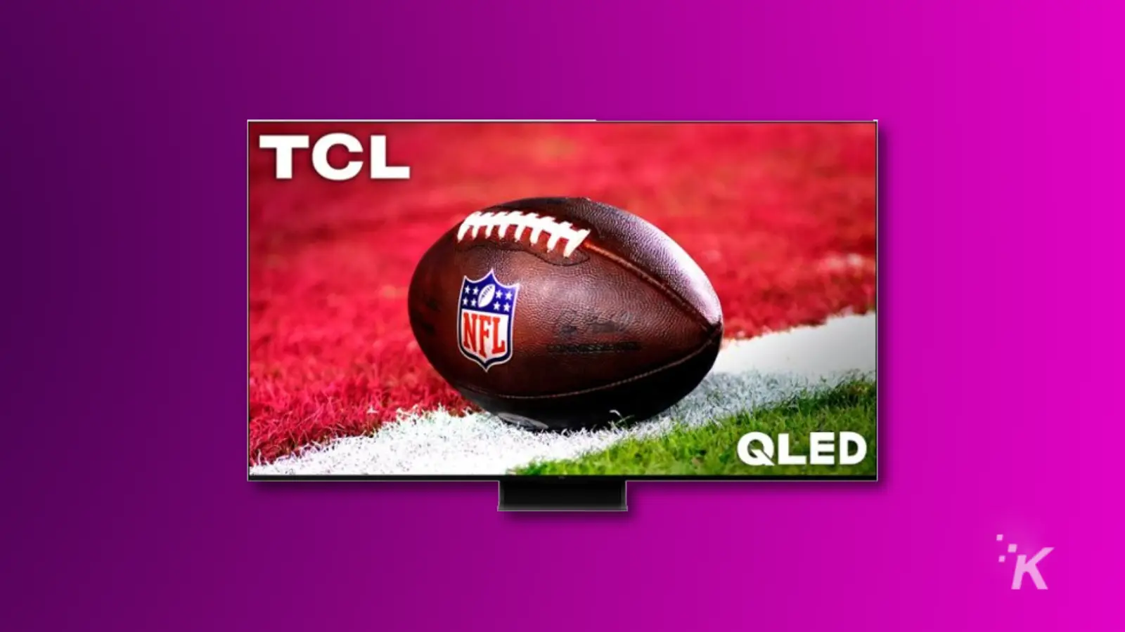 render tv qled tcl qm8 dengan latar belakang ungu