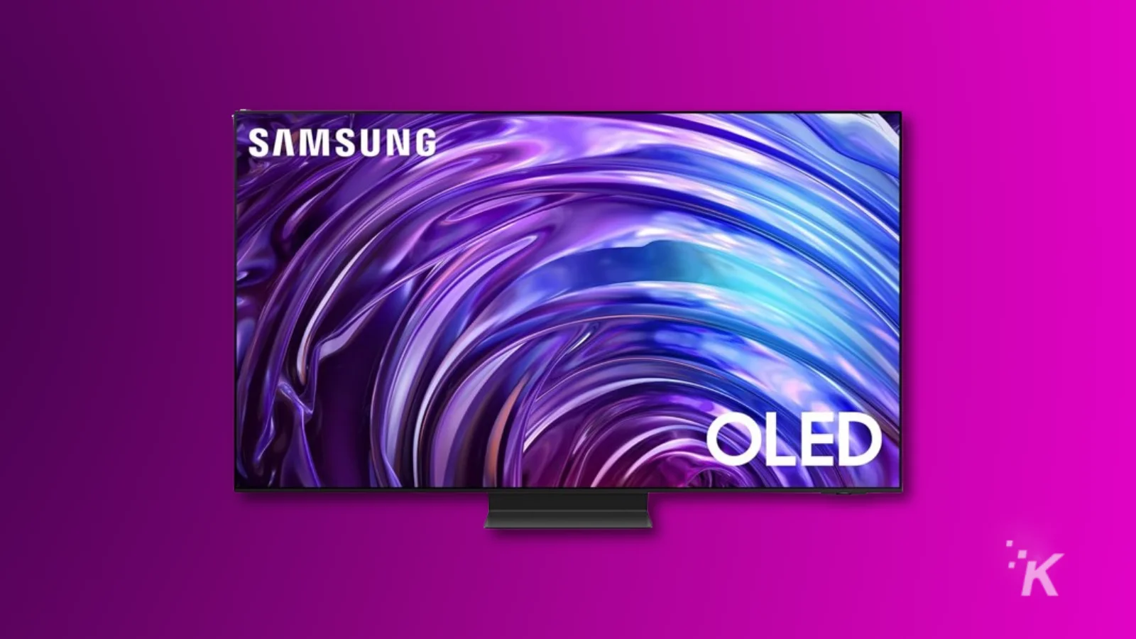 TV OLED Samsung dengan latar belakang ungu cerah.