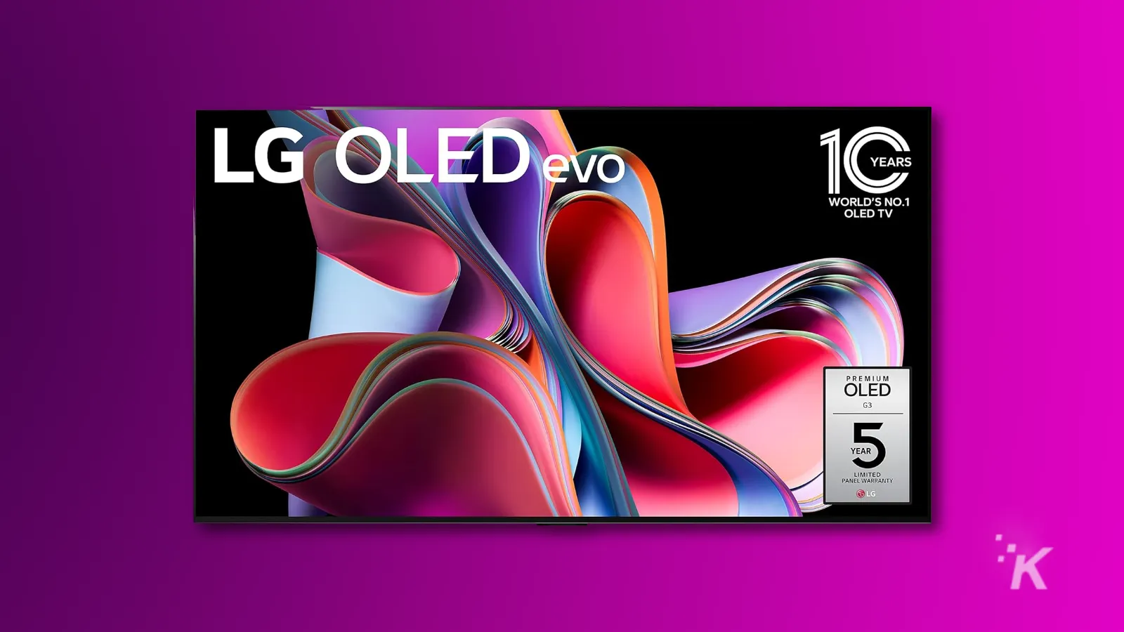 render TV Evo LG G3 OLED 77 inci dengan latar belakang ungu