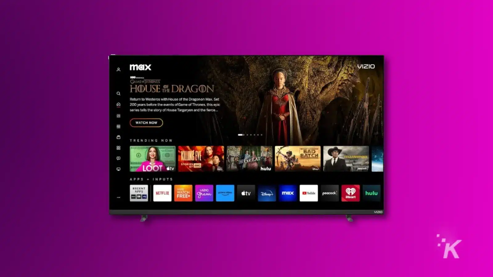 ภาพเรนเดอร์ของสมาร์ททีวีซีรีส์ vizio mqx ขนาด 50 นิ้วบนพื้นหลังสีม่วง