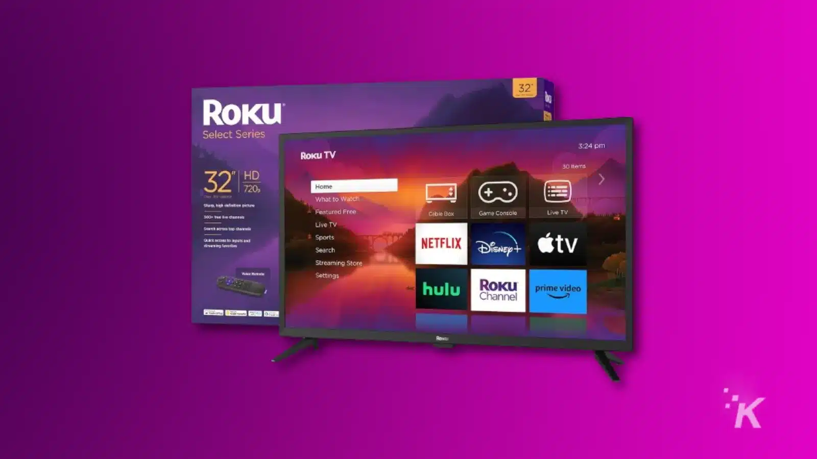 Roku TV wyświetlające na ekranie różne aplikacje do przesyłania strumieniowego na fioletowym tle