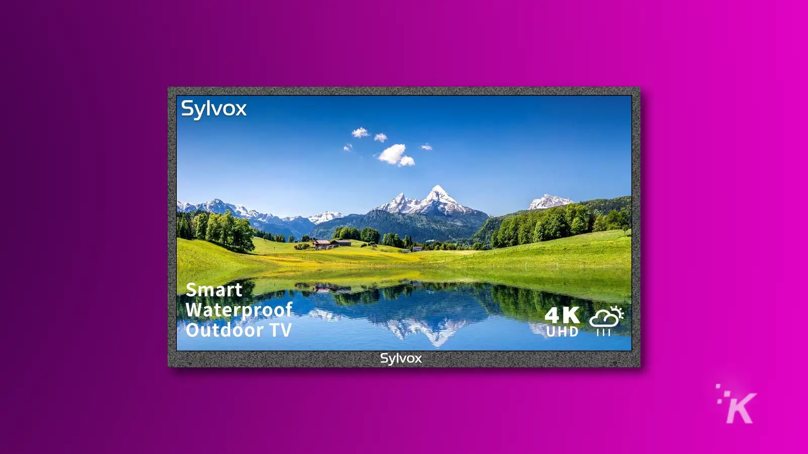 ทีวีกลางแจ้งแบบกันน้ำ 4K ของ Sylvox แสดงทิวทัศน์ภูเขาบนพื้นหลังสีม่วง