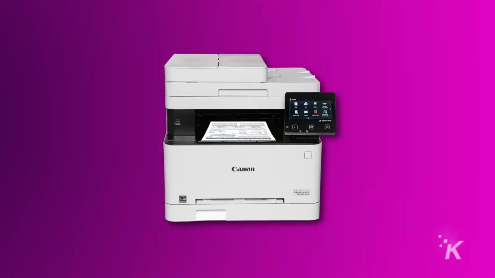 Canon-Multifunktionsdrucker auf leuchtend violettem Hintergrund