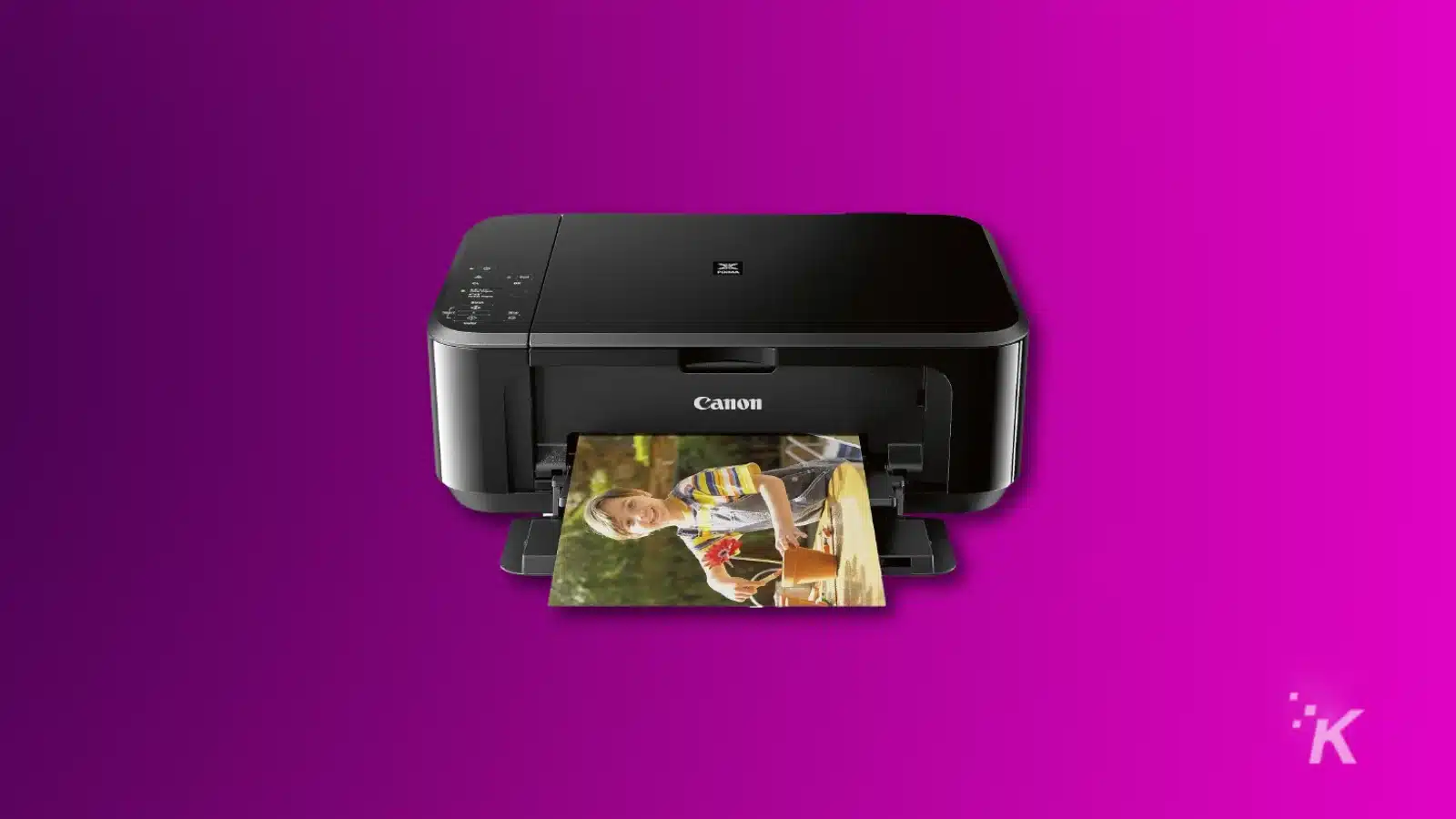 Impressora Canon produzindo impressões fotográficas vívidas, em um fundo roxo