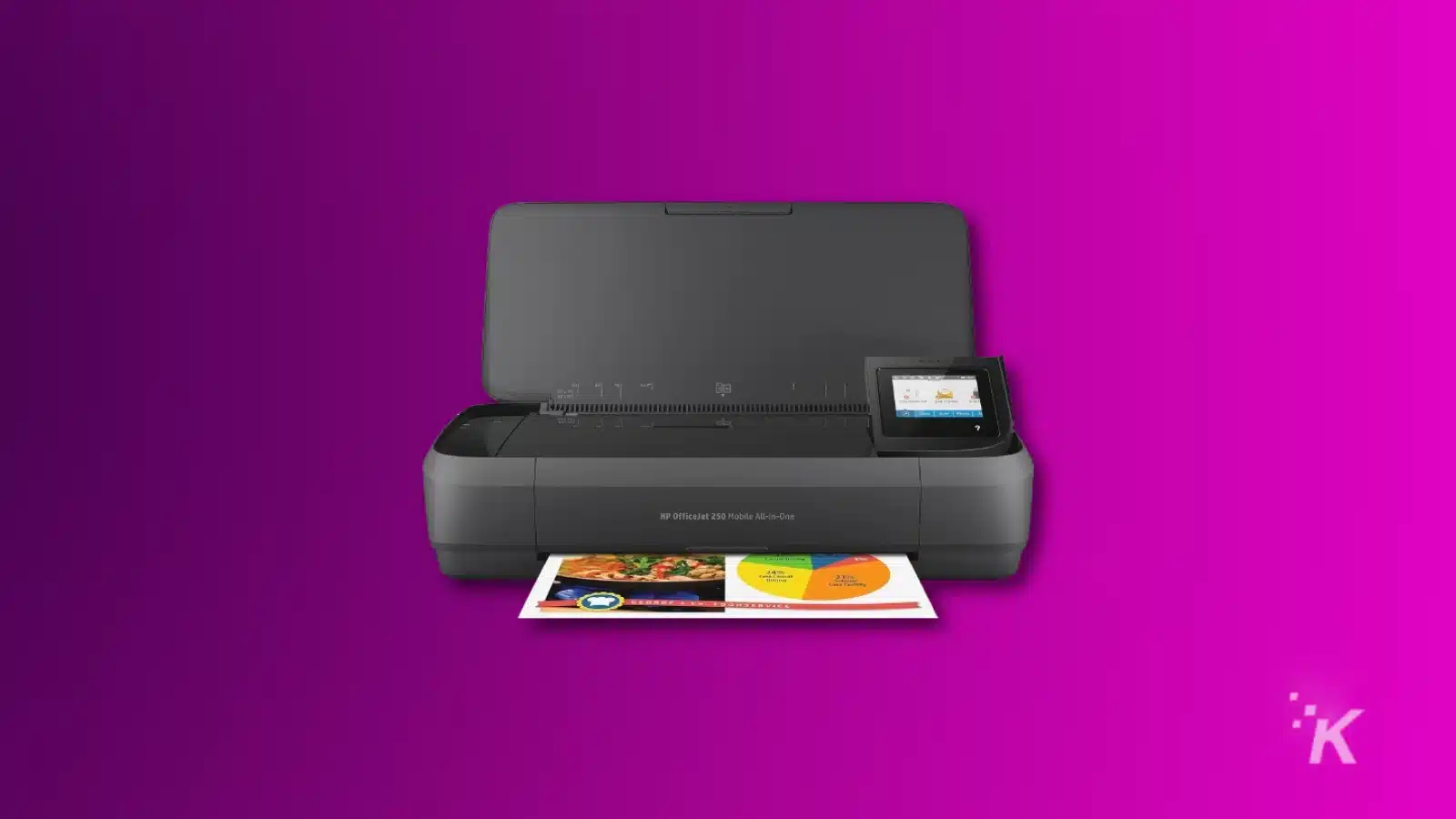 HP OfficeJet 250 Drucker auf violettem Hintergrund