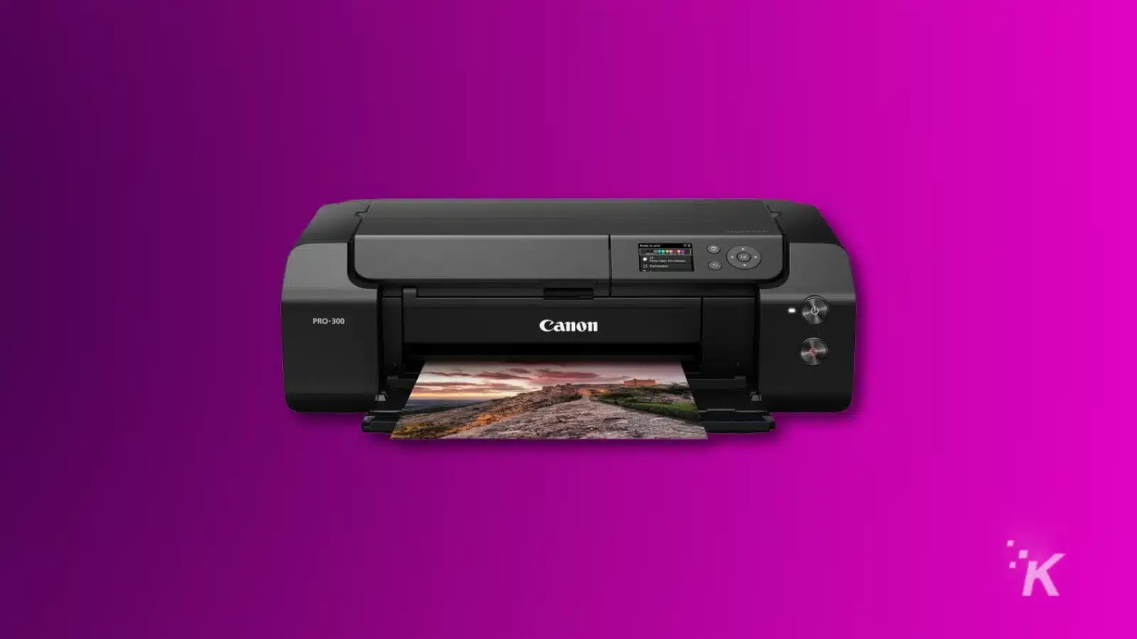 Canon-Drucker druckt Querformatfoto auf violettem Hintergrund.