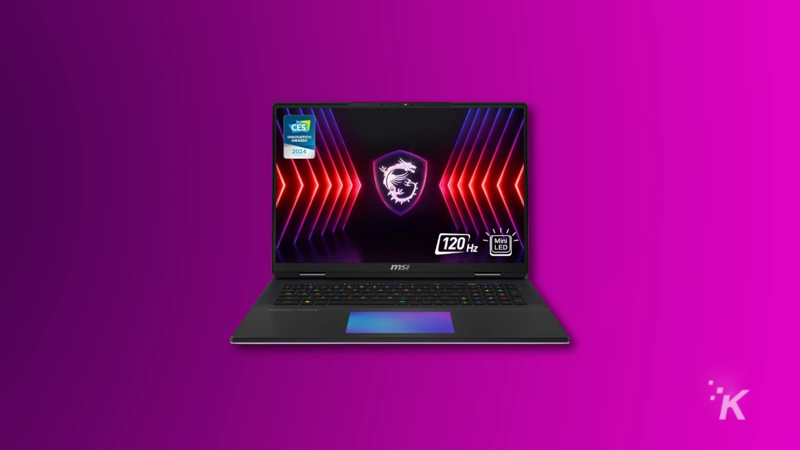 Laptop MSI su sfondo viola