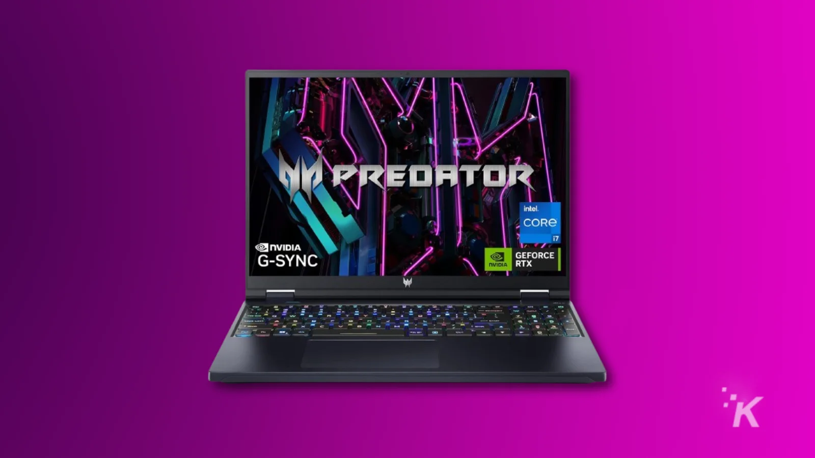 紫色の背景に Acer Predator ラップトップ