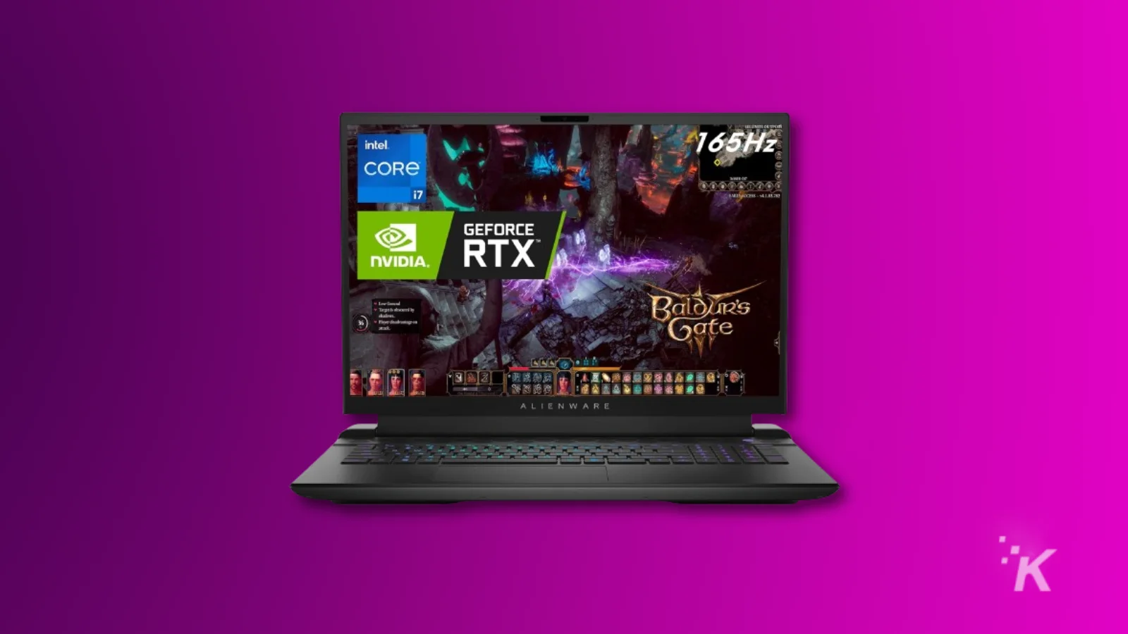 Laptop Alienware menampilkan permainan Baldur's Gate, dengan latar belakang ungu