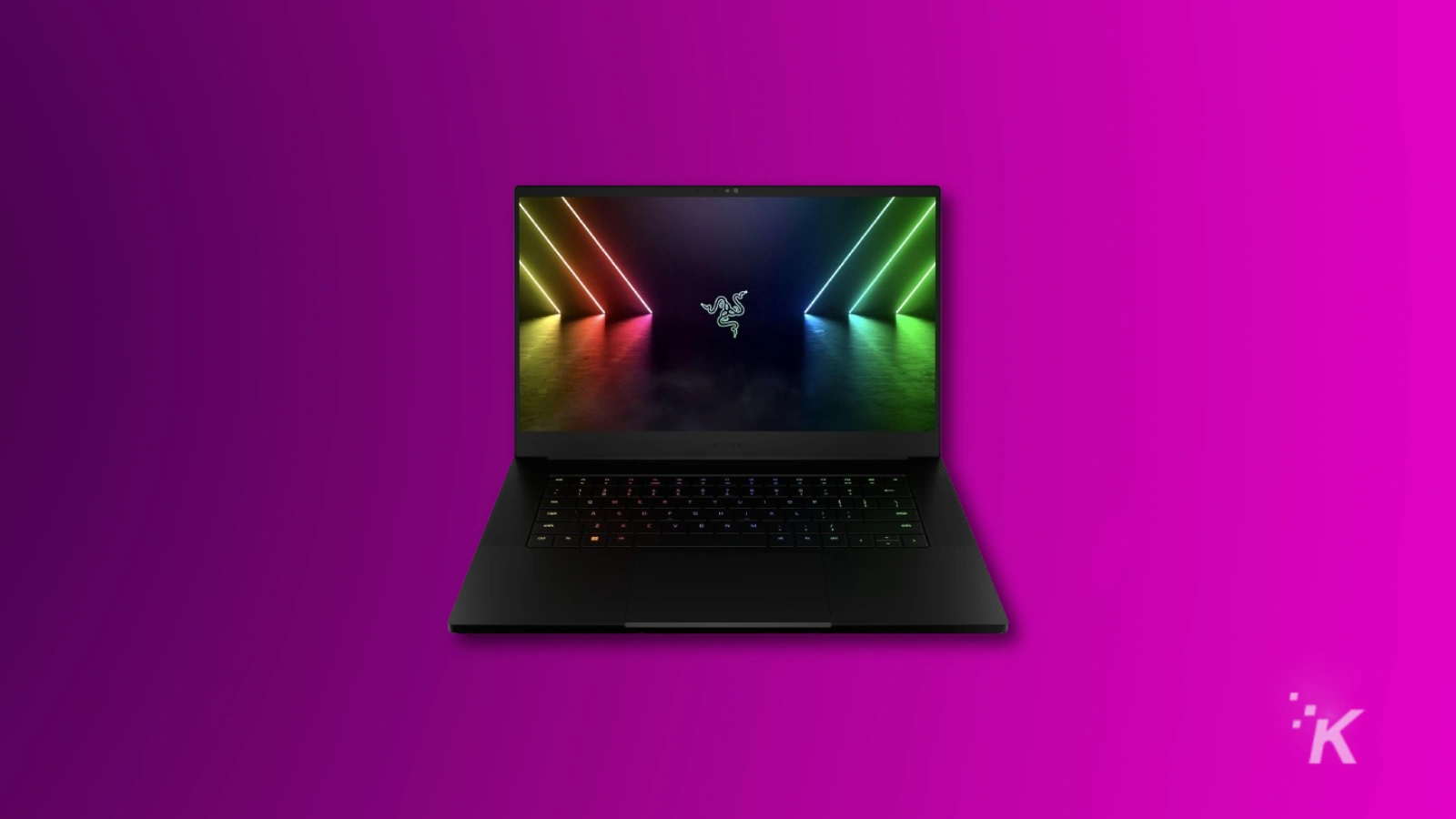 render laptop razer blade 15 dengan latar belakang ungu