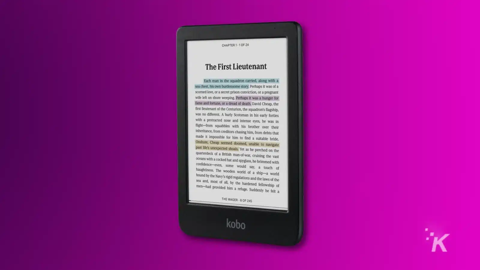 책 페이지를 표시하는 Kobo e-reader.