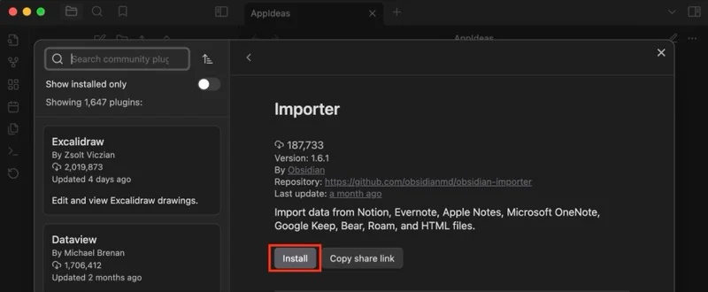 installing the importer plugin in obsidian.