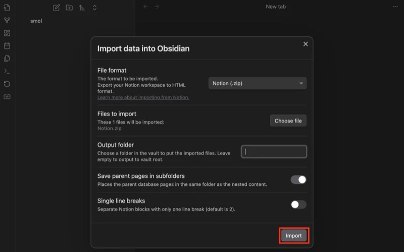 import button to import notion data into obsidian.