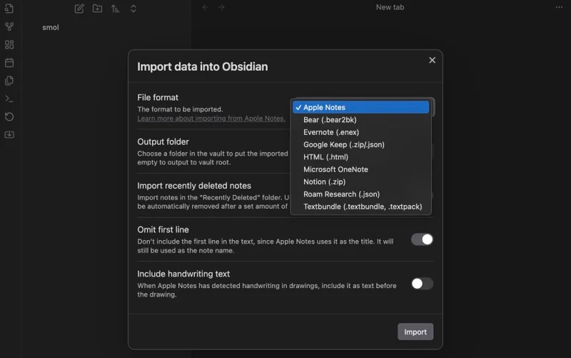 drop-down menu to select import file format in obsidian.