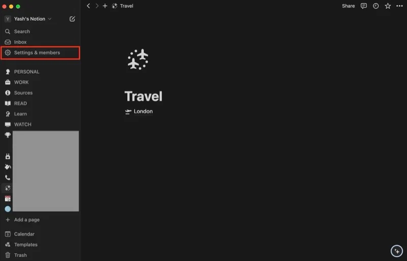 accessing settings & members page on notion.