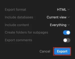 export button on notion desktop app for exporting all notion content.