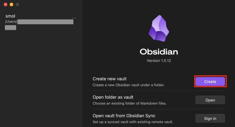 create button to create a new vault in obsidian.