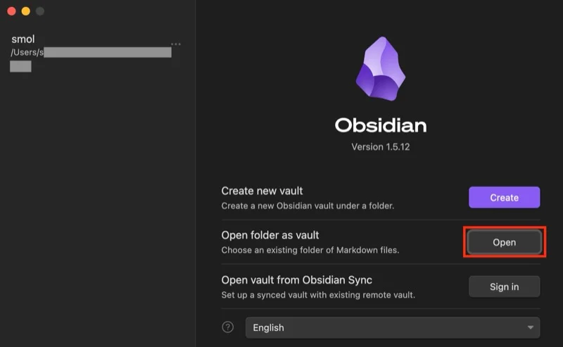 open button in obsidian to open an existing vault.