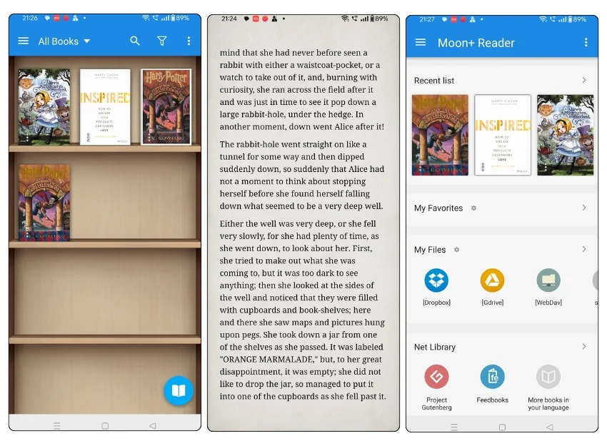 screenshots from the moon+ reader app displaying a bookshelf, a text page from "alice's adventures in wonderland, " and a home screen of the app