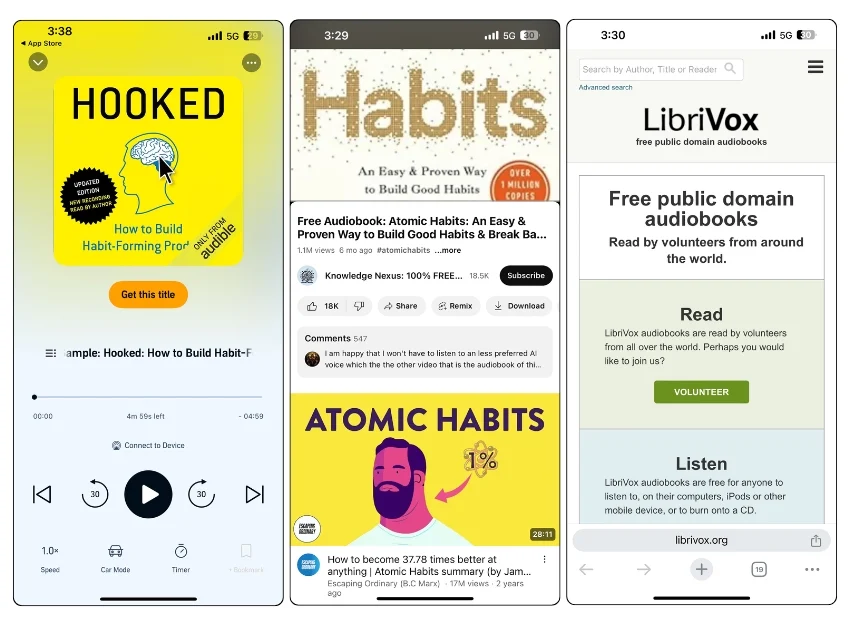 image features screenshots of three different audiobook apps featuring book titles "hooked" and "atomic habits