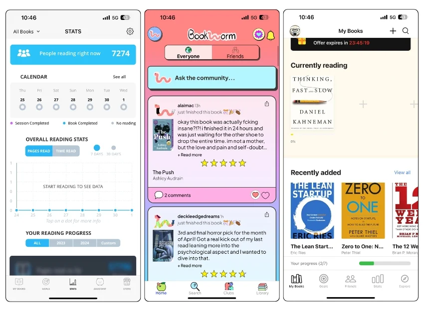 screenshots of three different book tracking apps showing reading statistics, currently reading sections, and recent additions to the book list.