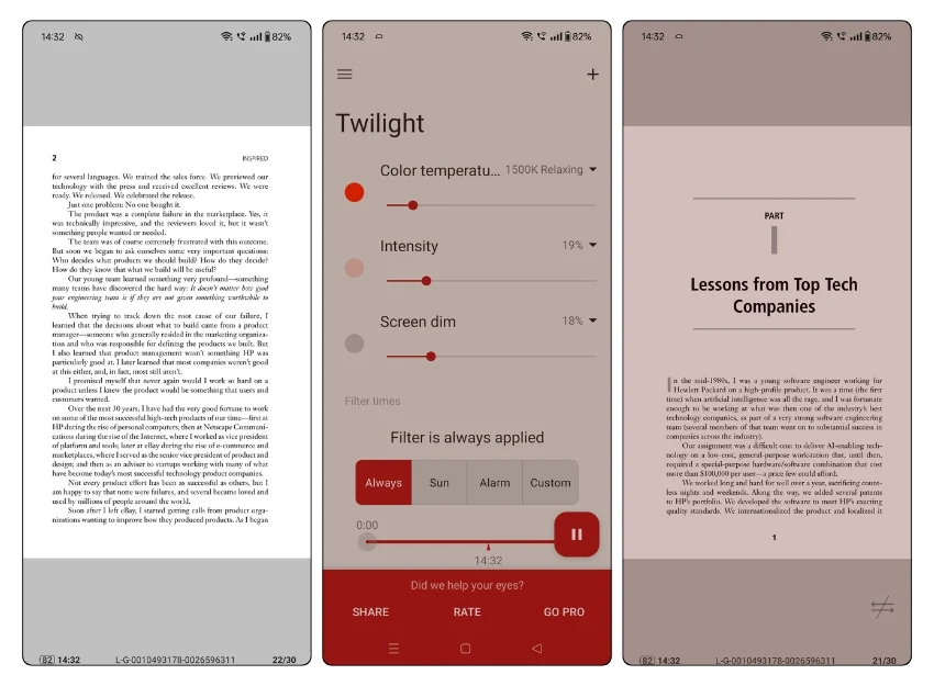 screenshots showing the use of twilight app before and after