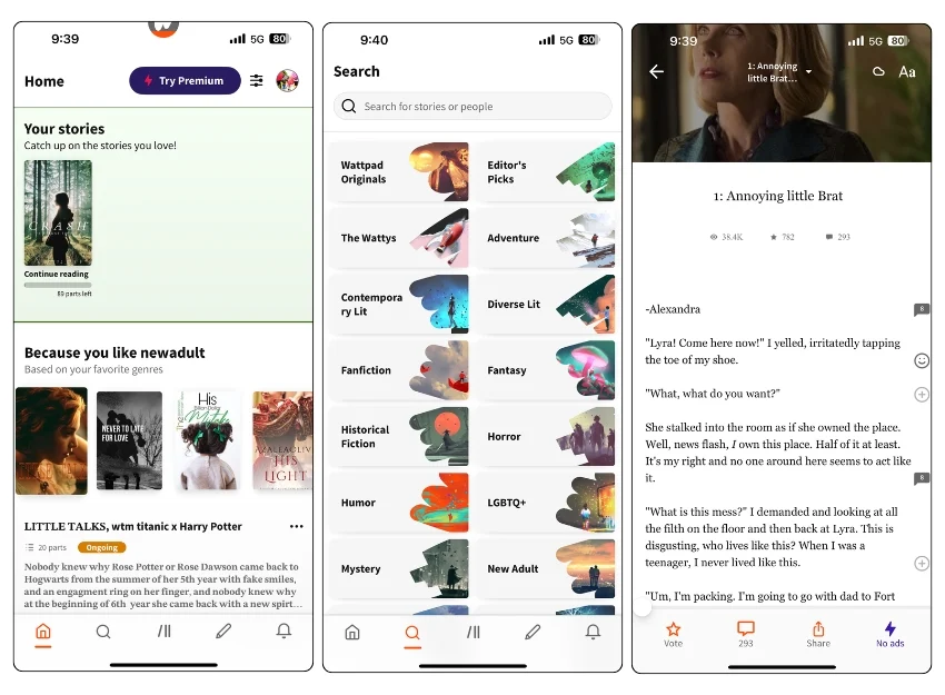 screenshots of the wattpad app with story recommendations, a genre-based search screen, and a page of a book