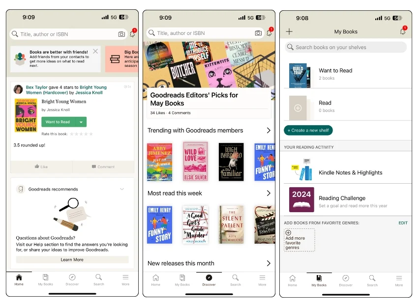 screenshots from the goodreads app showing book recommendations, editor's picks, and personal reading lists.