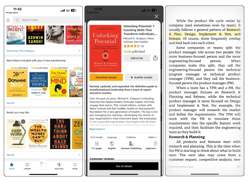 screenshots of the kindle app displaying book listings and a detailed book page.