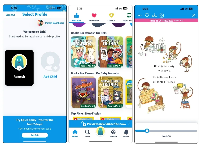 screenshots from the epic! app showing a profile selection page, a book recommendation screen for children, and reading page from the book