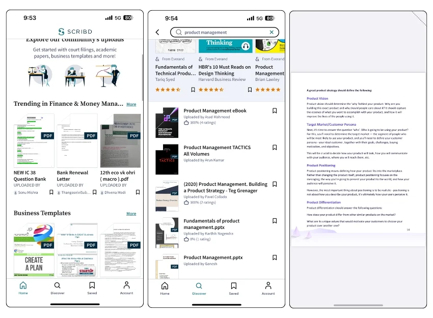 screenshots from the scribd app showing a community uploads page, search pahe, and reading page.