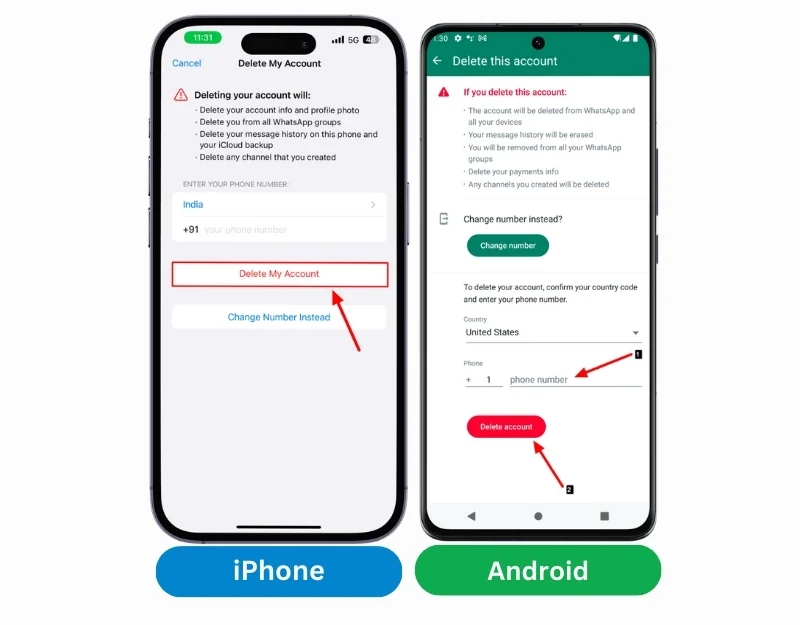 whatsapp delete account confirmation page on android and iphone