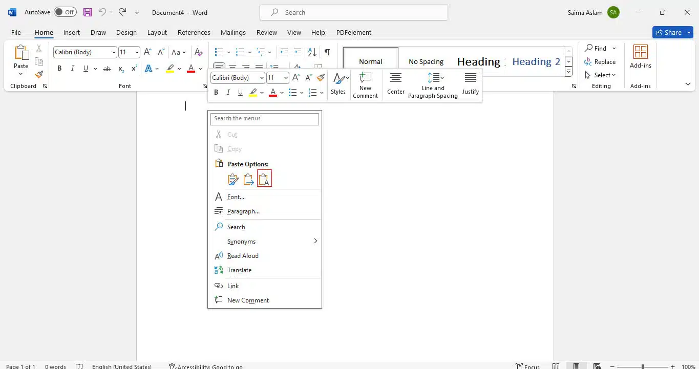 coller les options dans Word