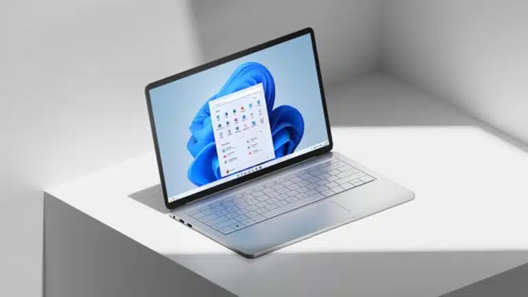 Laptop modern menampilkan grafik di meja di bawah sinar matahari.