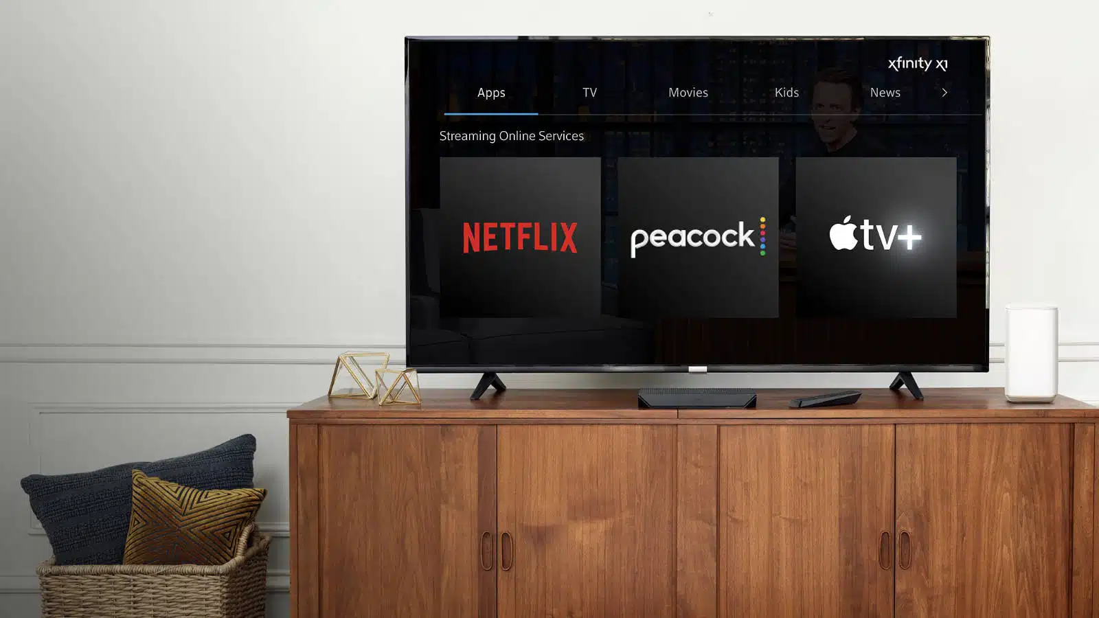 顯示 Netflix、Peacock 和 Apple TV+ 標誌的智慧電視。