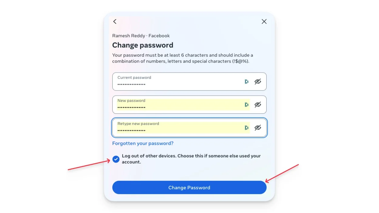 change facebook account password desktop