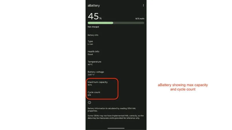 abattery showing max capacity and cycle count