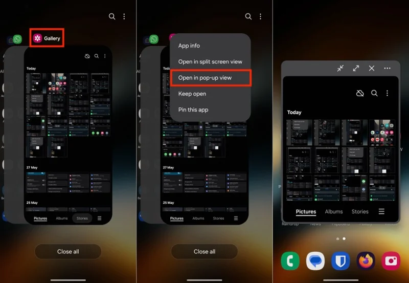opening an app in pop-up view using the recents menu on a galaxy phone.