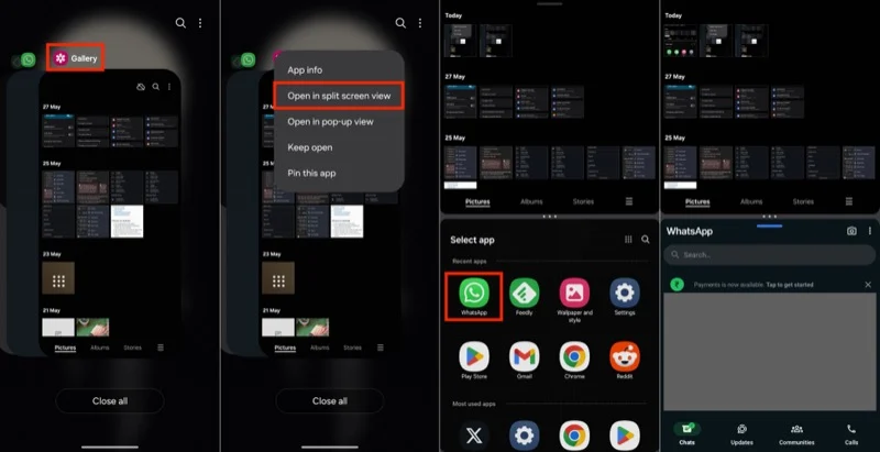 opening two apps in split screen view using the recents menu on a galaxy phone.