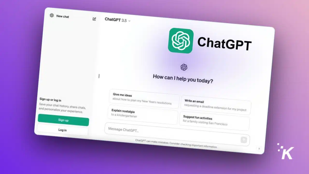 ロゴと「今日はお手伝いできますか?」というプロンプトが表示された仮想の ChatGPT インターフェイスのスクリーンショット。アイデアの生成、コンセプトの説明、電子メールの作成などのタスク例も紹介します。左下隅にサインアップまたはログインするオプションがあります。