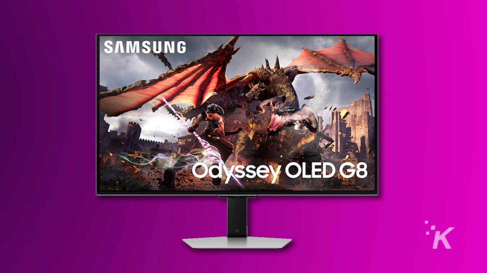 Monitor do gier Samsung Odyssey OLED G8 z ​​grafiką smoka.