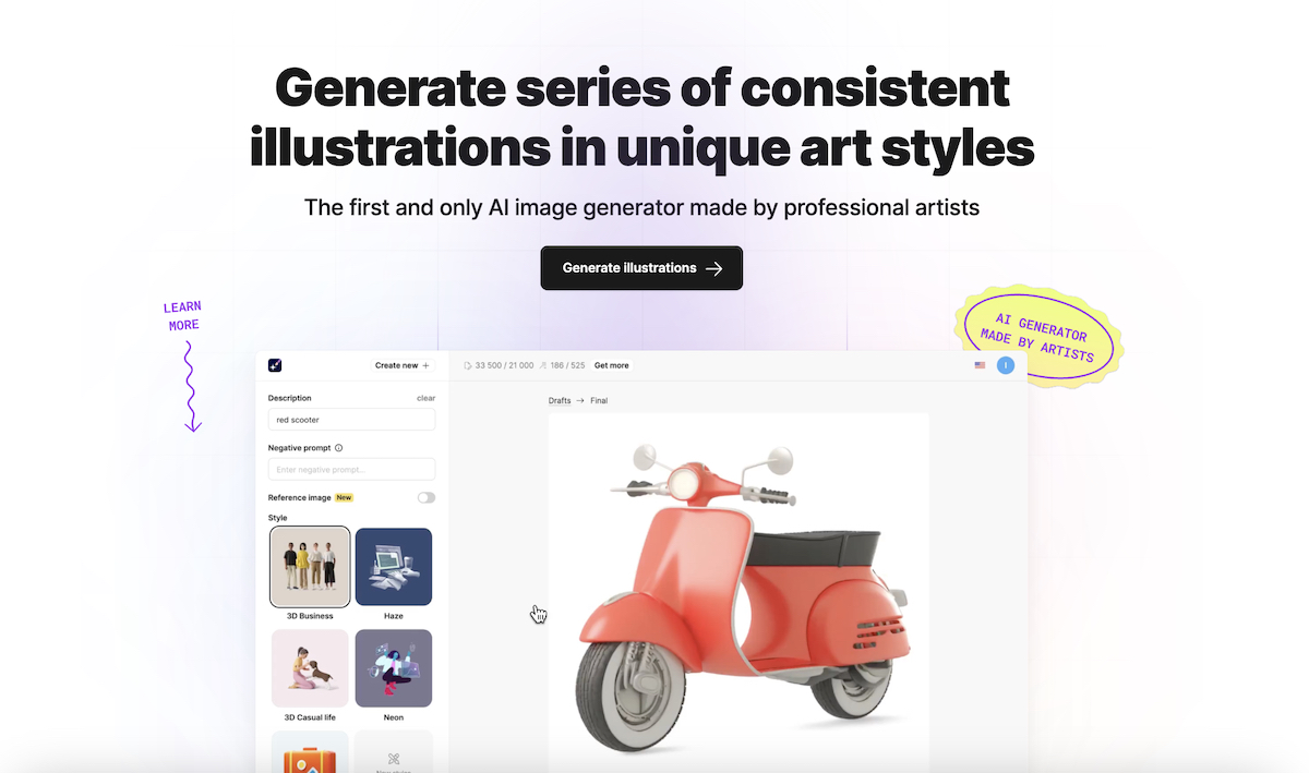 Illustration Generator by Icons8 allows users to effortlessly generate high-quality graphics from simple text descriptions.