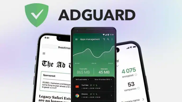 AdGuard'ın reklam engelleme, uygulama yönetimi ve veri şifreleme gibi özelliklerini gösteren üç akıllı telefonun üst kısmında büyük bir logoyu gösteren tanıtım resmi.