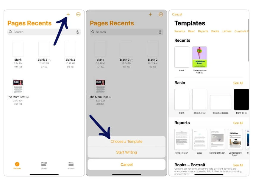 choose templates on apple pages