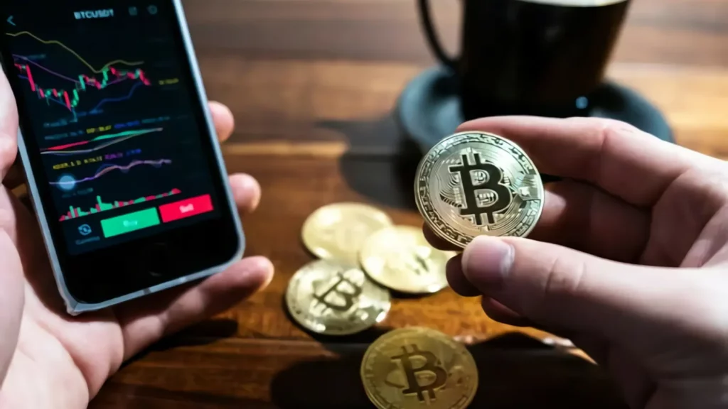 Persona sosteniendo un Bitcoin y un teléfono Android.