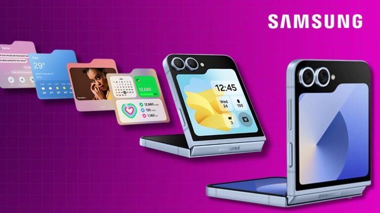 Teléfono plegable Samsung con varias pantallas mostradas.