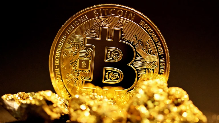 Bitcoin dengan bongkahan emas