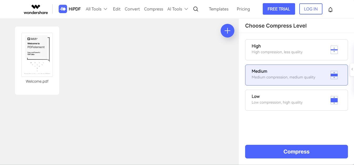 Interface da ferramenta de compactação de PDF com níveis de compactação.